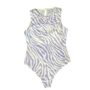 LE LIS Collection Bodysuit Purple‎ White Zebra Print Mesh Lined Sleeveless Large